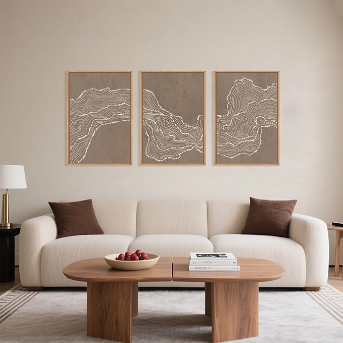 Geometric White Tan Wave Framed Canvas Wall Art Set, Abstract Line Art Painting, Modern Minimalism Wall Decor, Neutral Art Print for Living Room, Bedroom, Dining Room, Office - 16"x24"x3