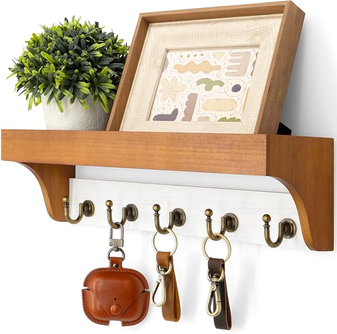 Rebee Vision Key and Mail Holder for Wall with Shelf - Farmhouse House Decor with 5 Rustic Keys Hooks and Decorative Mail Organizer Wall Mount - Decorative Apartment Essentials (Light Brown & White)