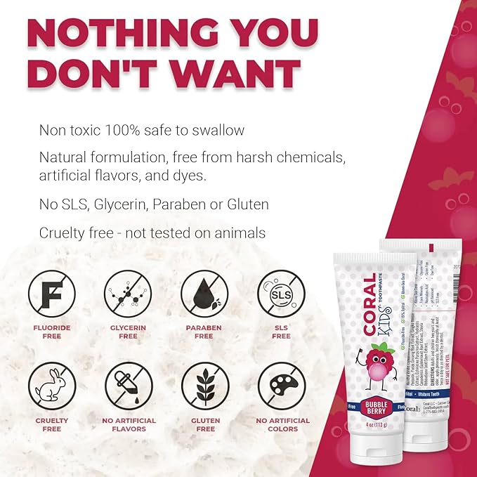 Coral White Kids Bubble Berry Fluoride Free Toothpaste - 4 Ounces (1 Pack)