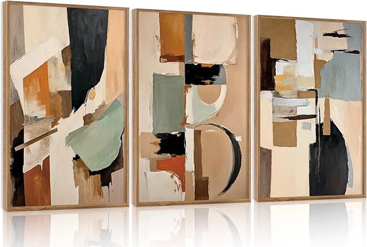 Aurlan Neutral Japandi Wabi Sabi Hand Painted Wall Art(16"x24"), 3PCS Abstract Modern Minimalist 3D Textured Canvas Artwork, Large Contemporary Terracotta Brush Strokes Decor Prints for Office Bedroom
