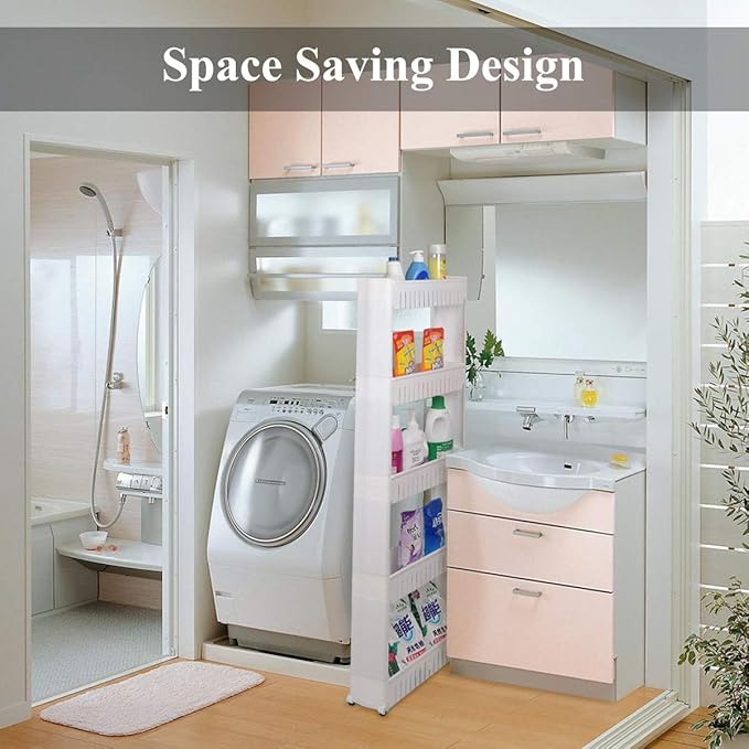 Laundry Room Organizer, Mobile Shelving Unit Organizer with 4 Large Storage Baskets, Gap Storage Slim Slide Out Pantry Storage Rack for Narrow Spaces, 4 Tier …