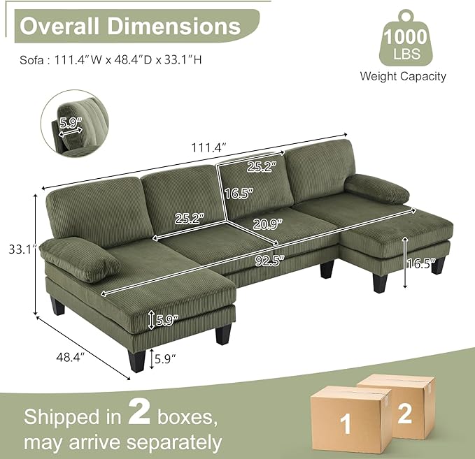 Karl home U-Shape Sectional Sofa Couch 111" Modern 4-Seat Sofa with Chaises Corduroy Fabric Upholstered Covertible Couch with Wood Grain Legs for Living Room, Reception Room, Apartment, Green