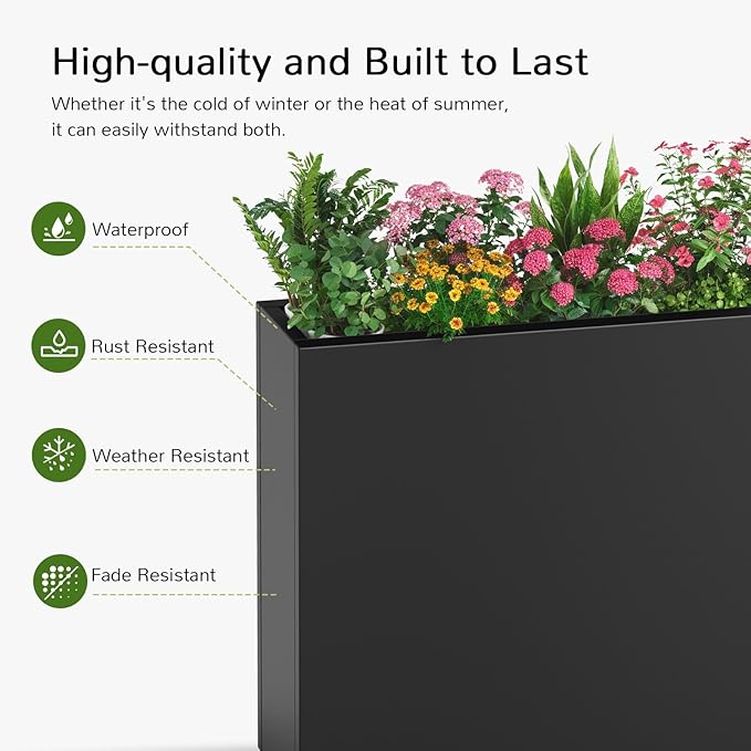 Stoog 38" Metal Tall Rectangular Planter - All-Weather Planter Box for Indoor/Outdoor Use, with Removable Insert Shelf, and Modern Design for Plants, Flowers, Garden, Black