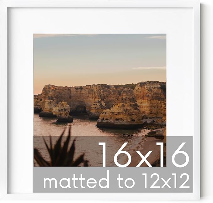 HAUS AND HUES 16x16 White Metal Picture Frame Matted to 12x12 - Features Premium Aluminum & Hanging Hardware, Shatterproof Plexiglass - Ideal for Home, Room, Office (16x16 in, White, Set of 1)