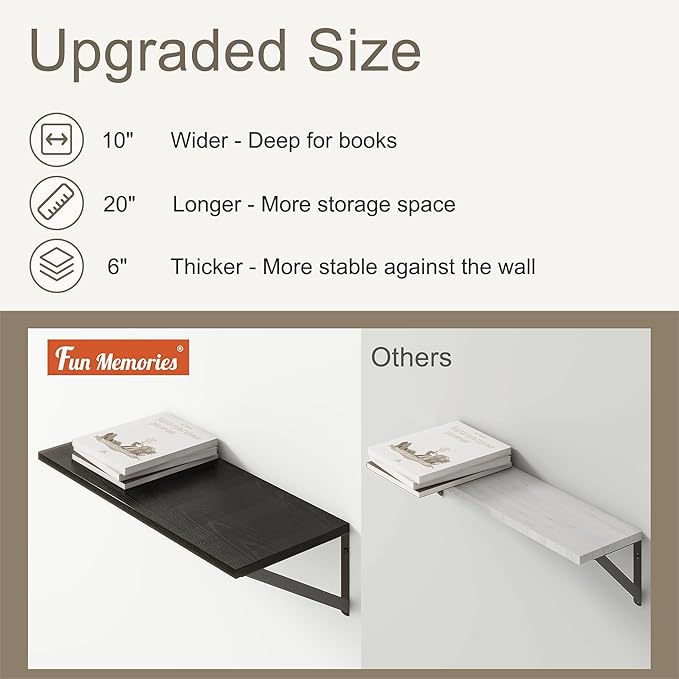 Fun Memories 20 Inch Floating Shelves for Wall, Black Bathroom Shelves Set of 2, 10 Inch Deep Wall Shelf for Bedroom, Kitchen, Large Home Decor Shelves Farmhouse Storage Shelf