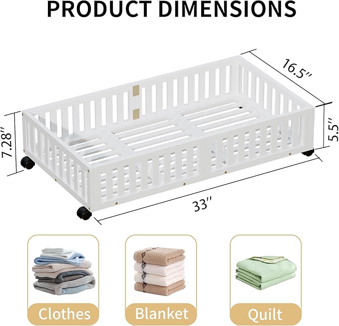 Bamboo Under Bed Storage with Wheels (2-Pack) – Rolling Underbed Shoe Organizer Box for Shoes, Blankets, Toys, Clothes Container Space-Saving Organizer Bins for Bedroom, Closet, Dorm, Nursery