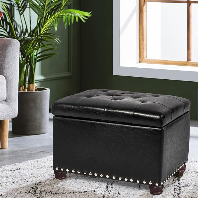 24'' Leather Storage Ottoman Rectangular Foot Rest Stool with Nailhead Trim Toy Chests & Storage Room Organizer for Bedroom Living Room(Black)