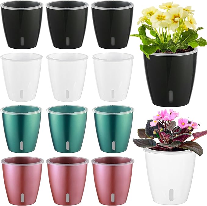 Self Watering Pots for Indoor Plants, 12-Pack 5'' Self Watering Planter with Drainage Holes, Small African Violet Pots with Water Indicator, Clear Wick Pot, White/Black/Blue/Rose Gold