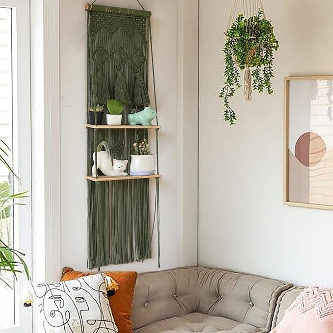 Hanging Shelf Macrame Wall Hanging Green Boho Shelfs with Tassels 2 Tier Floating for Plants Bedroom Dorm Living Room Wall Decor Rustic Wooden Organizer(Wood)