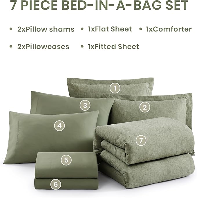 Monbix King Size Comforter Set, Sage Green King Size Bed Set Reversible 7 Pieces, Cationic Dyeing Bed in a Bag with Comforter, Sheets, Pillowcases & Shams