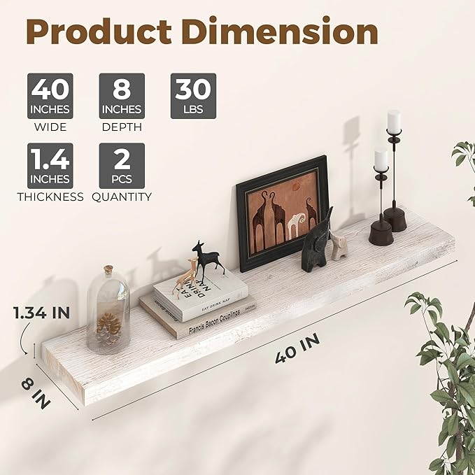Axeman Floating Shelves for Wall - 40''W x 8'' D Rustic Solid Elm Wood Shelves for Storage, Wall Mounted Display Shelving with Invisible Heavy-Duty Metal Bracket (White Wash, 2PCs)