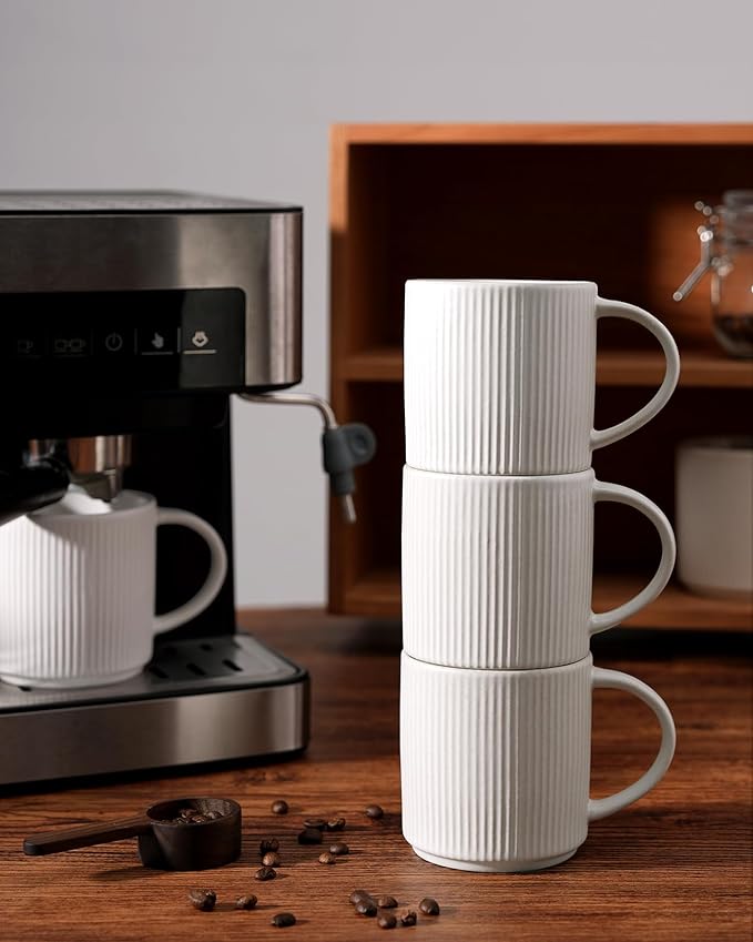 famiware Coffee Mug Set for 6, Star 12 oz Catering Mugs Cup Set with Handle for Coffee, Tea, Cocoa, Milk - Ceramic Stoneware Drinkware Set, Matte White