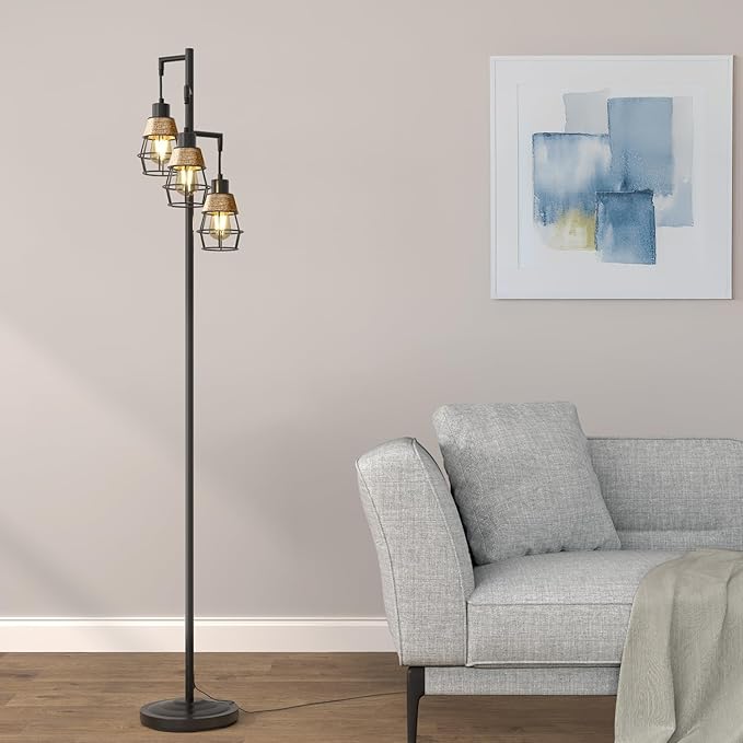 Oneach 68" Floor Lamps for Living Room, Stepless Dimmable Boho Floor Lamp with 3 Bulbs, Tall Farmhouse Industrial Corner Standing Tree Lamp for Bedroom, Office, Study Room, Dining Room, Black