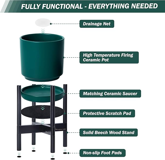 D'vine Dev Ceramic Planter with Ebony Stand - 10 Inch Modern Round Flower Pot with Wood Planter Holder, Teal, 55-B-L-4
