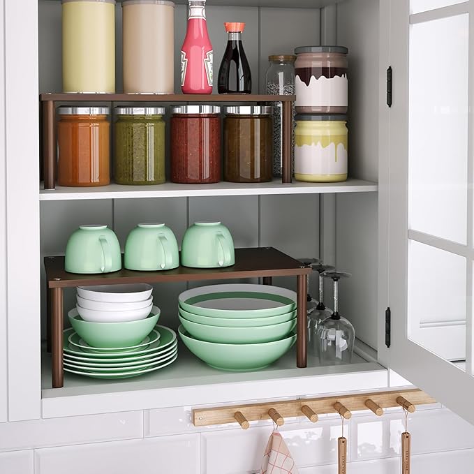 Cabinet Organizer Shelf(Set of 2),Kitchen Counter Shelves,Bamboo Spice Rack Countertop and Cabinet,Stackable Expandable,Large(Brown)