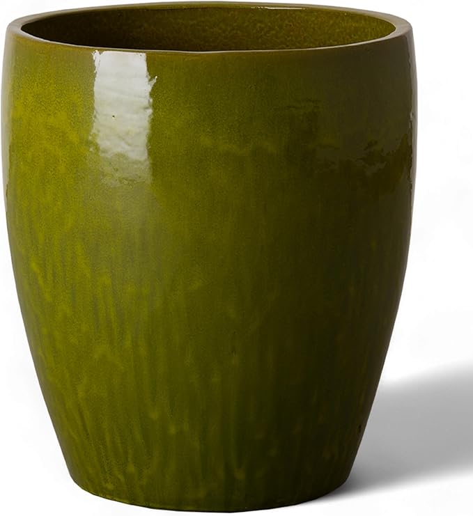 Emissary Bullet 18 in. Green Ceramic Round Planter (18 in. L x 18 in. W x 21 in. H) with Drainage Hole