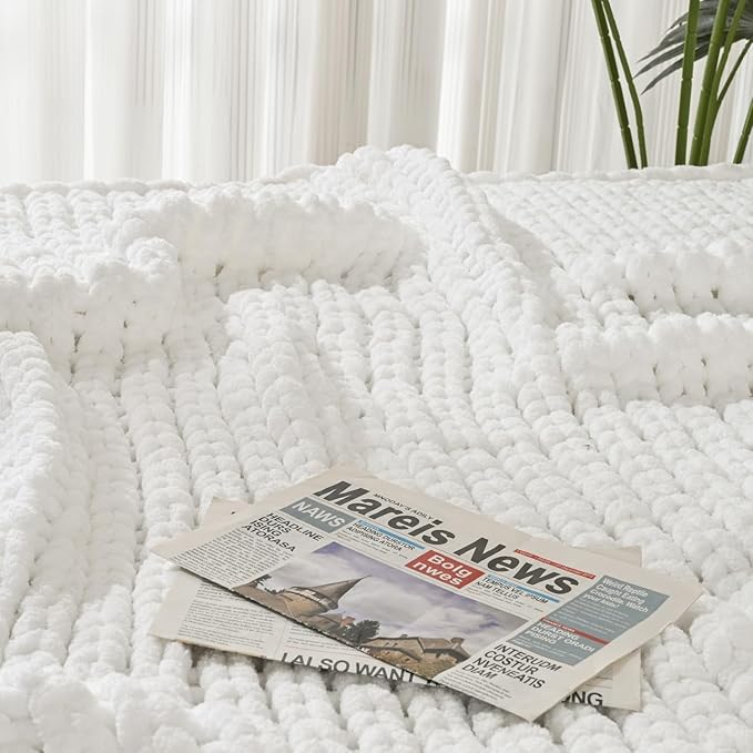 Esterra 100% Hand Knitted Chenille Throw Blanket, 50"x60", White, Polyester, Chunky Knit, Throw Blanket, 50x60 Inches