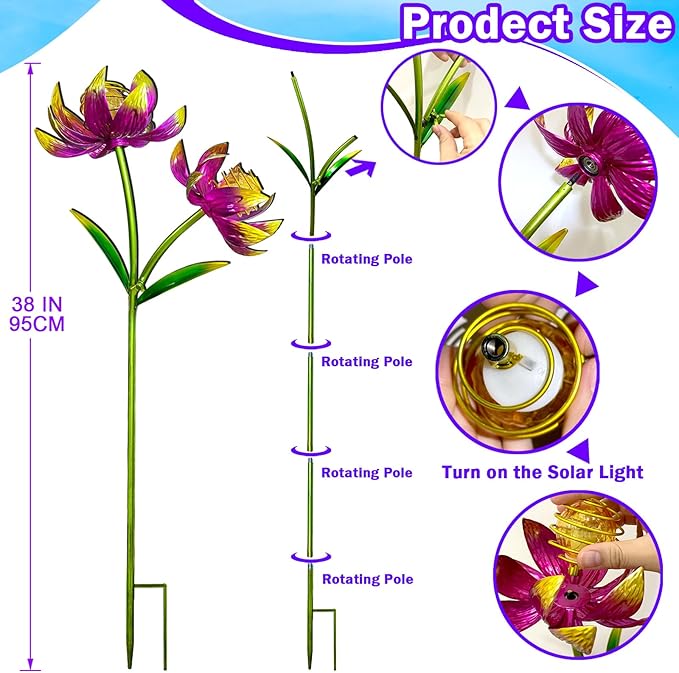 Solar Wind Spinner Outdoor, 63 Inch Metal Wind Spinner Yard Art with Lights - Twin Flower Design Pinwheels for Yard and Garden Decor, Solar Garden Decor