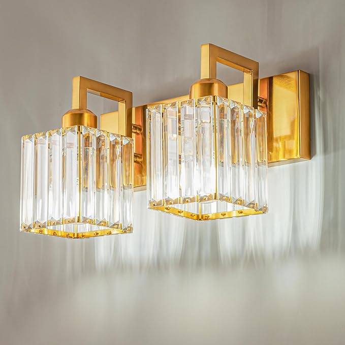 Modern Bathroom Vanity Light 2-Lights Gold Crystal Wall Lamp Bathroom Modern Crystal Vanity Lighting