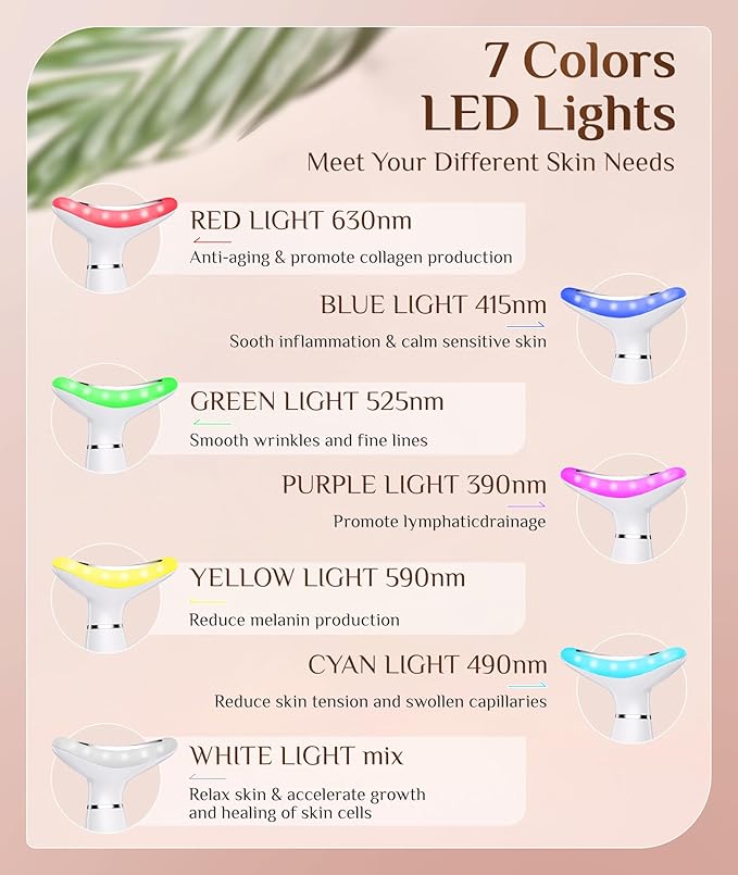 7 Color Galvanic Machines - Red Light Therapy for Face and Neck, Face Massager Tool for Wrinkles, Double Chin, Vibrating Facial Massager with Thermals, White