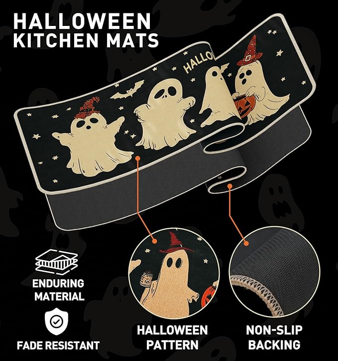 Halloween Kitchen Mat Set of 2, Pumpkin Ghost Bat Halloween Kitchen Decor, Halloween Rug for Floor, Indoor Spooky Home Decor with Non-Slip Backing,17 x 29 Inch & 17 x 47 Inch