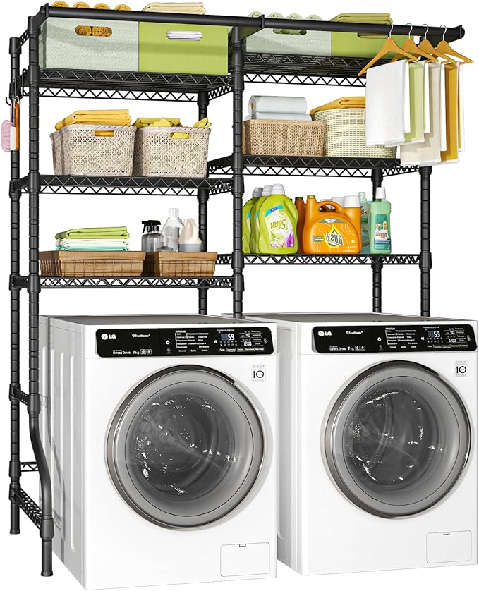 Ulif U13 Over Washer and Dryer Storage Shelves, 6 Tiers Laundry Room Standing Shelf with 2 Hanger Rods, Space Saver Clothes Drying Rack, 63.4" W x 22" D x 77.4" H, Black