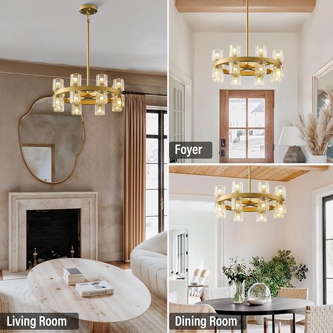 Gold Chandelier Light Fixture Kitchen and Dining, 16-Lights Modern Chandeliers for Dining Room, 18" Farmhouse Kitchen Pendant Lights Over Table, Crystal Wagon Wheel Chandelier(Bulbs Included)