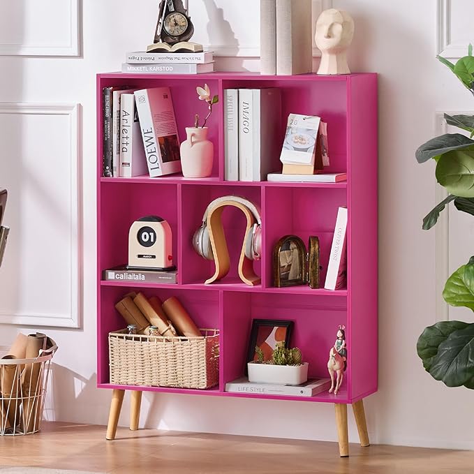 LEYAOYAO 7 Cube Bookshelf,3 Tier Book Shelf with Legs,Pink Modern Bookshelf,Large Freestanding Open Toy Modern Bookshelves,Display Bookcases Decor Furniture for Nursery