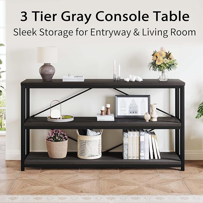 LVB Industrial Console Table, Metal and Wood Sofa Table, Rustic Entryway Table with Storage, Modern 3 Tier Shelf Long Foyer Tables Behind Couch for Home Living Room Hallway, Dark Gray Oak, 55 Inch