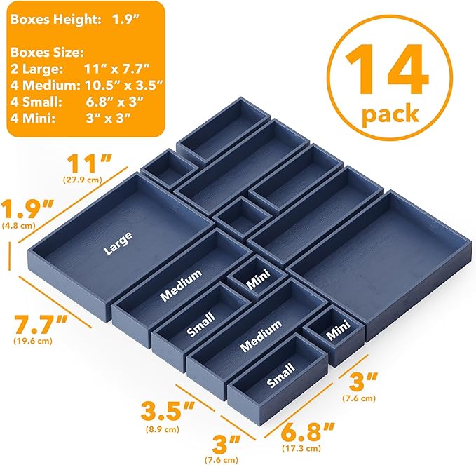 SpaceAid 14-Piece Bamboo Drawer Organizer Storage Boxes Set, Wood Tray Junk Drawer Organizers Multi-Use Divider Bins for Kitchen, Bathroom, Office Desk and Makeup Organization (14 Pack, Navy Blue)
