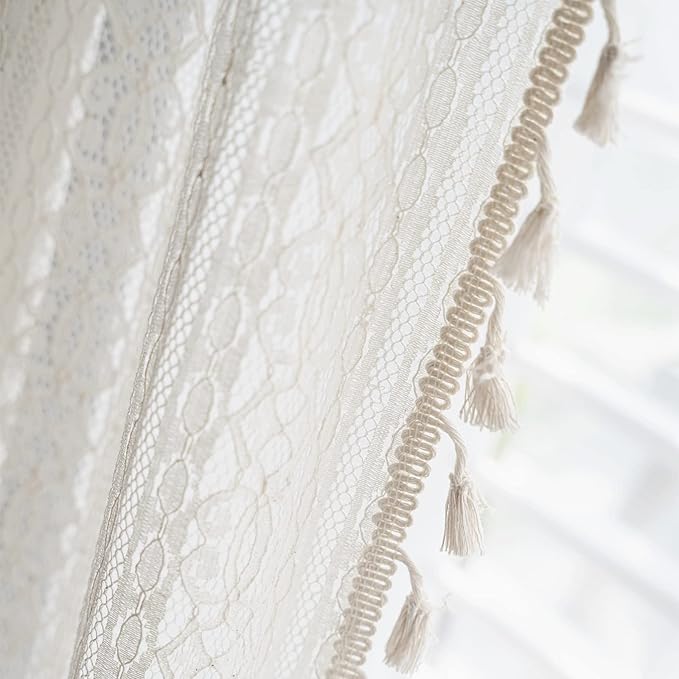 Sutuo Home Boho Curtain Crochet Lace Semi-Sheer Florals Hollow Knitted Handmade Tassels, Rod Pocket Window Treatment Vintage Rustic Farmhouse Drapes for Living Bedroom, 1 Panel 59" W x 72" L, Beige