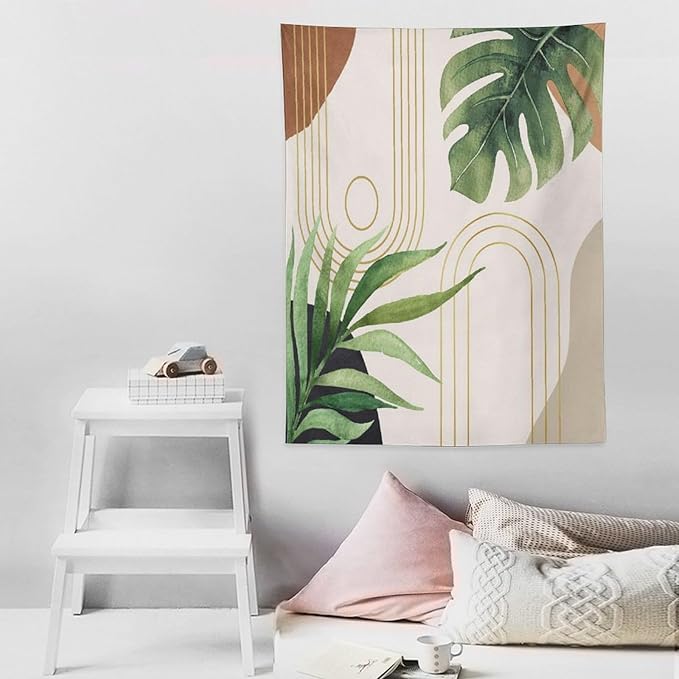Abstract Boho Tapestry, Mid Century Tropical Tree Leaves Modern Geometric Arch Bohemian Botanical Tapestry, Home Aesthetic Wall Hanging Art Decor for Living Room Bedroom Dormitory 60x80 Inch