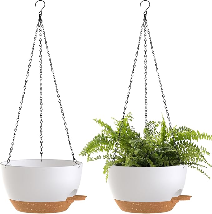 12 Inch Hanging Baskets 2 PC with Chains, Self-Watering Hanging Planters for Indoor Outdoor Plants, Plastic Hanging Flower Pots,White Brown