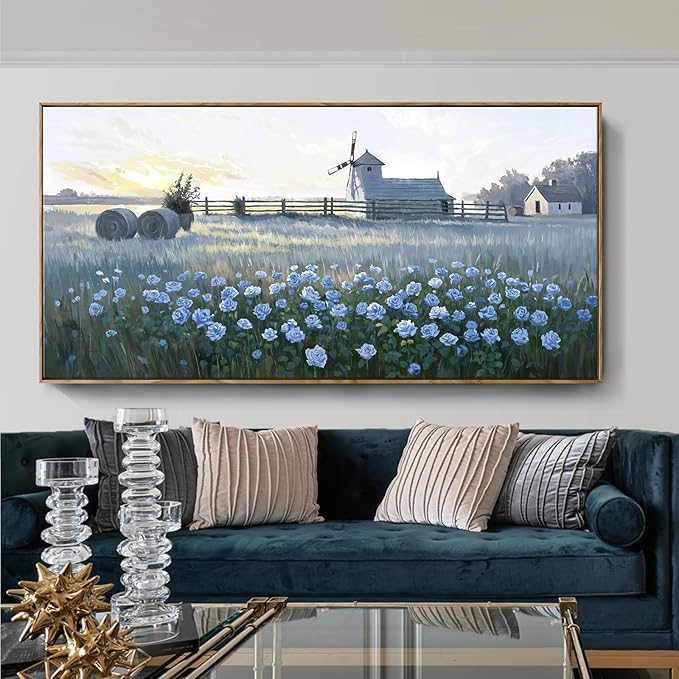 amatop Extra Large Wall Art Bedroom – Framed Country Landscape Canvas Art Blue Floral Field Windmill Print with Natural Wood Frame Rustic Wildflower Picture Home Decor for Living Room Office 58x29 Inch