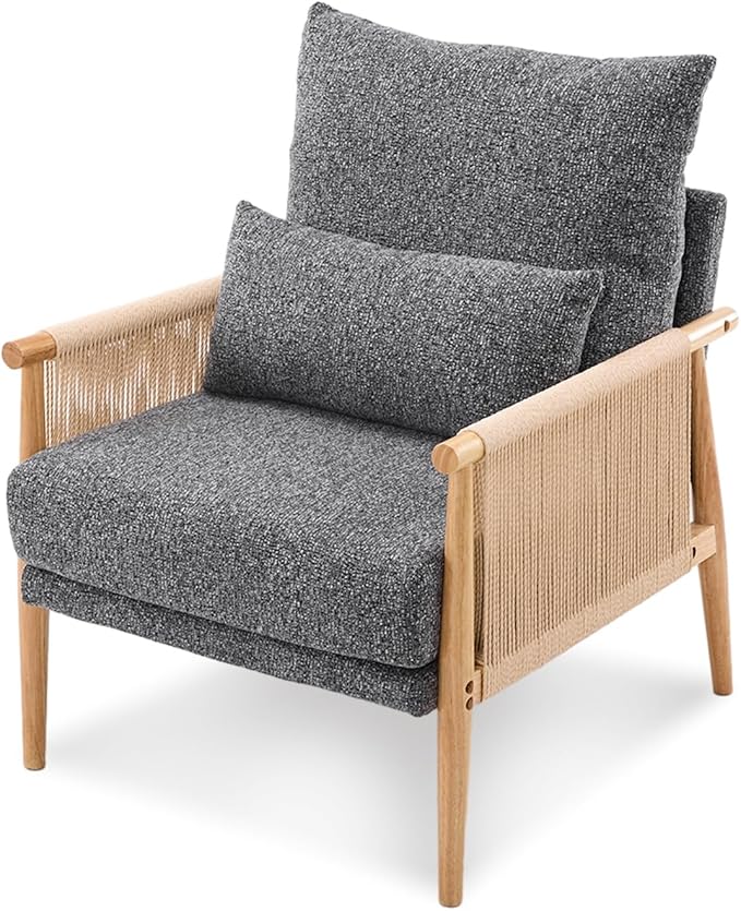 VINGLI Boho Braid Accent Armchair,Mid-Century Modern Chiar with Solid Wooden Armrest,Comfy Louge Cushion Chair with Waist Pillow for Bedroom,Living Room,Reading Room, Gray