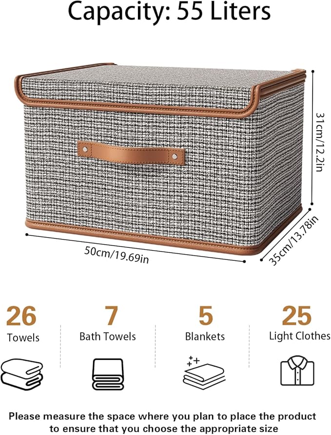 Tuza 2 Pack Storage Bins with Lids, Collapsible Closet Organizer Container, Fabric Organizer Box with Handles, Decorative Storage Boxes with Lids for Organizing Clothes, Sheet, Light Grey, Extra Large