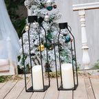 HPC Decor 22'' 19'' Lanterns Decorative w/ Flickering Timer Candles- Large Tall Black Metal Candle Lanterns Set of 2- Modern Farmhouse Decor for Indoor,Outdoor,Tabletop,Porch (No Glass)