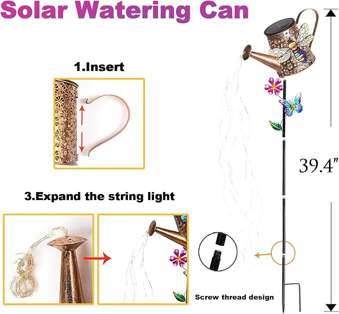 Solar Lights Outdoor Decorative, 39.4'' Metal Solar Watering Can Lights with Bee, Waterproof Garden Stake for Yard Lawn Patio Pathway Landscape, Gardening Gifts for Mom Grandma Women