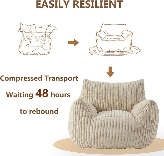 Giant Bean Bag Chairs for Adults Teens, Large Bean Bag Sofa Chairs with Filling Comfy Fuzzy BeanBag Chair with Armrests for Bedroom Living Room Reading