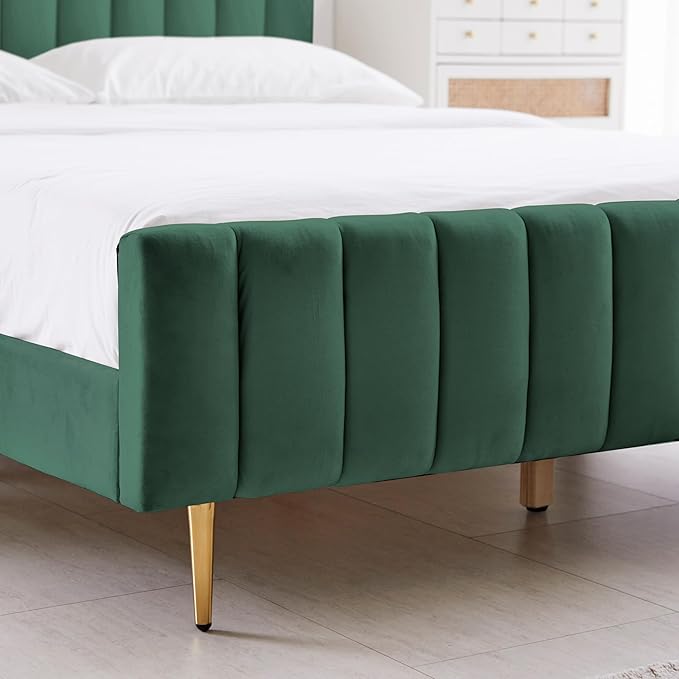 Livinia Queen Size Elton Velvet Platform Bed, Upholstered Bed Frame with Vertical Channel Tufted Headboard Footboard, Strong Wood Slats, No Box Spring Needed, Green (Queen)