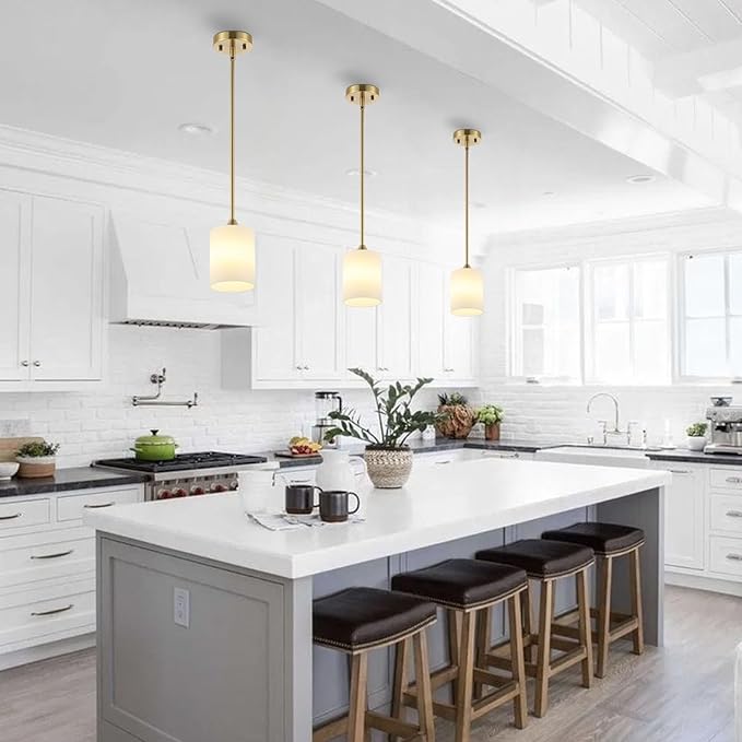 Modern Gold Pendant Light 3 Pack Brushed Brass Mid Century Chandelier White Cylinder Glass Shades Adjustable Rods Farmhouse Ceiling Hanging Lighting Fixture Kitchen Island Dining Room Bedroom