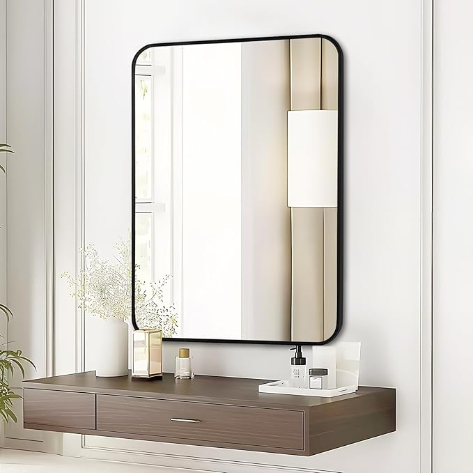 Fabuday Black Wall Mirror for Bathroom Over Sink - 22x30 Matte Metal Framed Rectangle Mirror, Rounded Rectangular Vanity Mirrors for Living Room, Bedroom, Entryway, Hallway, Horizontally/Vertically