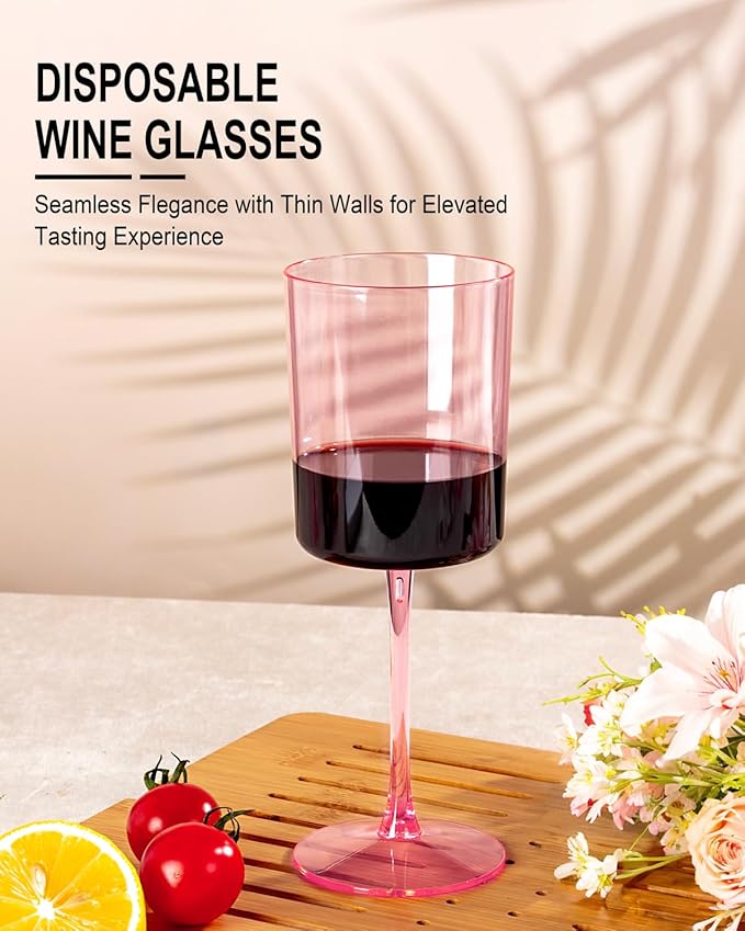 Ciaell 12 Pack Pink Plastic Wine Glasses - 10 Oz Disposable Wine Glasses with Stem for Parties & Weddings & Poolside & Outdoors & Camping