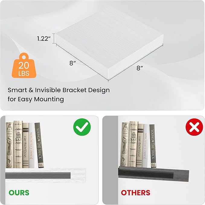 Square Floating Shelves for Wall, 8" W x 8" D x 1.2" H, Small Wooden Wall Mounted Display Shelves with Invisible Brackets for Living Room, Bedroom, Bathroom, Kitchen Decor, Set of 4, White