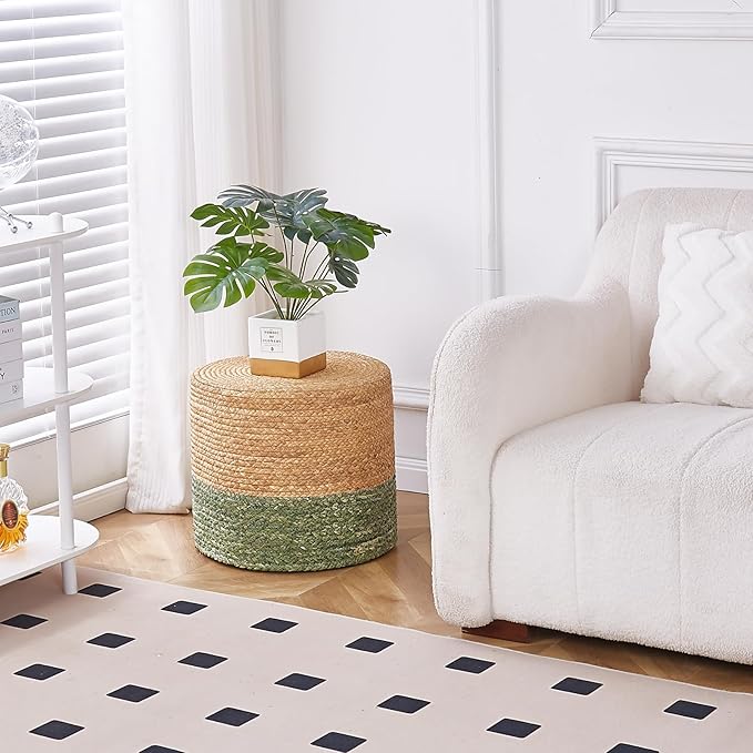 Wimarsbon 18'' Ottoman Pouf, Natural Braided Poof, Rustic Handweave Lounge Pouffe, Boho Footrest Stool for Bedroom, Accent Table for Living Room (Natural Water Hyacinth + Green Corn Husk)