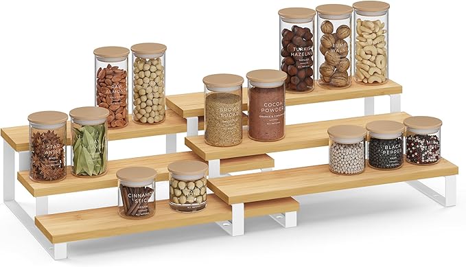 SONGMICS Display Risers, Set of 2 Engineered Wood Perfume Organizer Stand, 3-Tier Cupcake Stand Holder, Spice Rack, Shelf Risers for Figures, Dessert Shelves, Natural Beige and Ink Black UKCS016N01