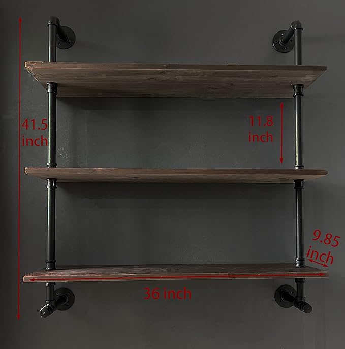 Industrial Pipe Wall Shelves with Real Wood Plank ,36 Inches Floating Shelves for Wall Farmhouse Book Shelves Dark Brown 3 Tier for Kitchen,Living Room Decor and Bar Shelving