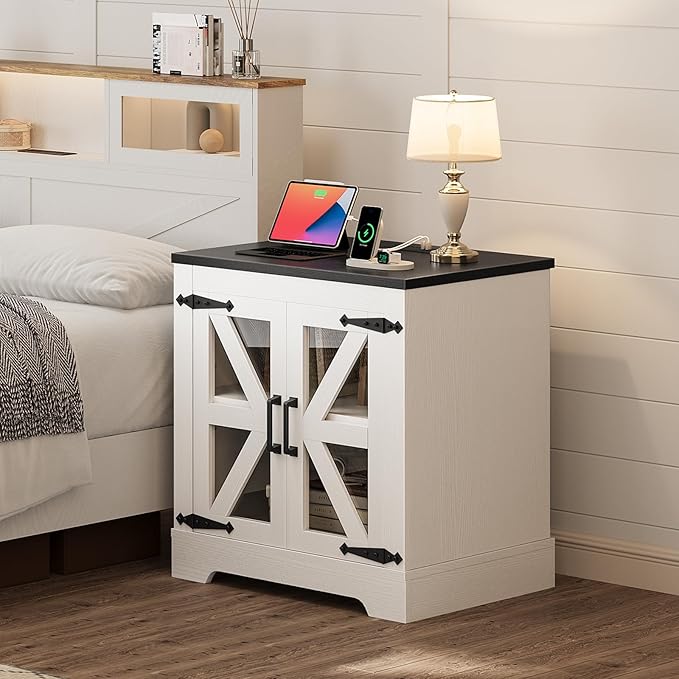 Farmhouse Side Table with Storage Cabinet, End Table with Adjustable Shelf, Large Night Stand, Wood Nightstand with Charging Station, 24" End Tables Living Room, Rustic Bed Side Tables Bedroom