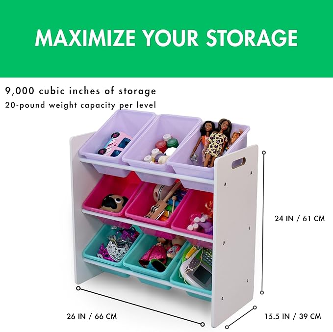 Humble Crew 9-Bin Toy Organizer – Forever Natural White/Pink/Purple/Aqua Plastic Bins, 3-Tier Storage Solution for Kids' Playrooms and Nurseries
