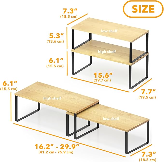 SpaceAid Cabinet Shelf Organizers 2 Pack, Kitchen Counter Rack Shelves Riser, Stackable Expandable Spice Rack, Pantry Cupboard Storage Organization (Black and Natural, Long)